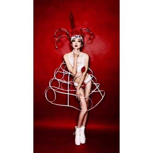 Rose flower headdress performance dance costumes Nightclub costumes New Years party white hollow skirt