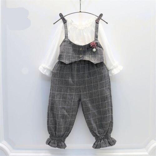 2 3 4 5 6 Years Toddler Girls Clothing Sets Fashion Korean Casual Long-sleeved Blouse Plaid Jumpsuit Kids Clothing Suits Autumn
