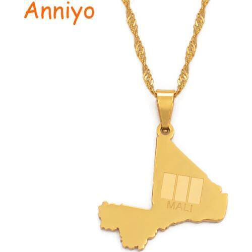 Anniyo Mali Map & Flag Pendant Necklaces for Women Girls Gold Color Ethnic Jewelry Stainless Steel Republique du Mali #112321