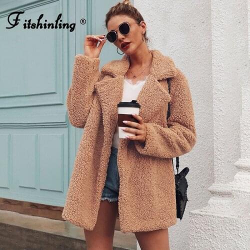 Fitshinling Fashion New Lambswool Jackets For Women Winter Warm Coat Female Vintage Solid Soft Straight Overwear Coats Ladies