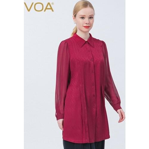 VOA Silk Dark Print Jacquard POLO Collar Perspective Shirt Sleeve Stitching Single Row Multi-button Fold Straight Shirt BE750