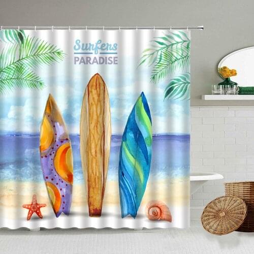 Beach Holiday Surf Skateboard Shower Curtain Sunny Seaside Summer Landscape Bathroom Waterproof Polyester Screen Home Decoration