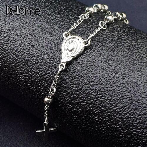 Dolaime Wedding New Style Fashion Women Stainless Steel Silver Color Small Beads Jesus Pattern Cross Bracelett RN71