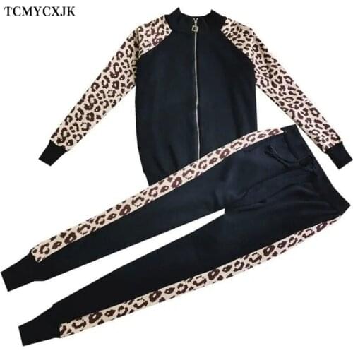 Korean Knit Two Piece Set Tracksuit Women Long Sleeve Coat And Trousers Fashion Leopard Patchwork Casual Suit Set 2021 Spring