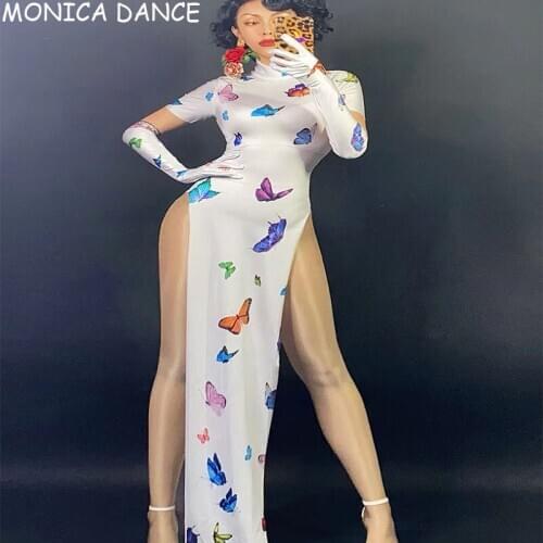 Women Singer Dancer Stage Vintage Costume White Cheongsam Butterfly Pattern Slit Long Dress Bar Club Sexy Party Show Dance Wear
