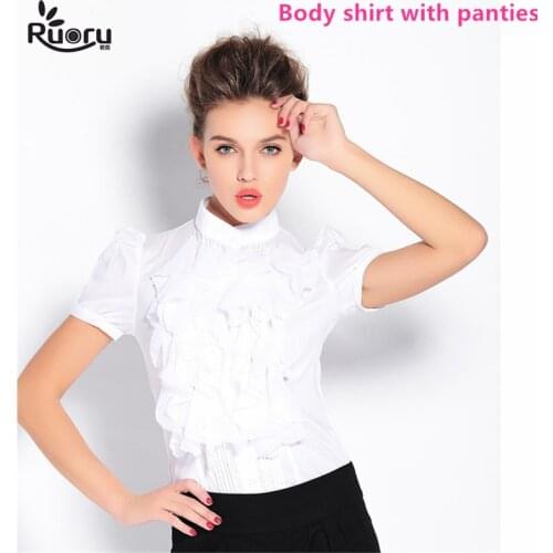 Ruoru Vintage Palace Style Ruffles Body Shirt Fashion Bodysuits White Blouse Shirt Office Lady Work Formal Body Shirts