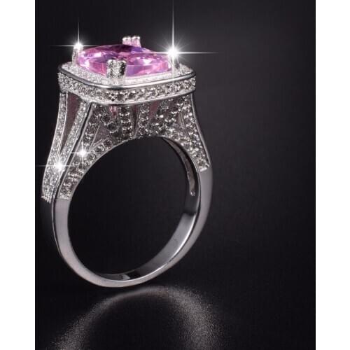 Luxury Jewelry 925 Sterling Silver Wedding Ring for Women Princess-cut PINK 10ct Simulated Diamond Pave 192pcs cz Ring SIZE 5-10