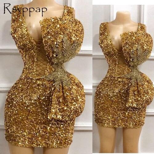 Gold Sparkly Sequin Short Prom Dresses 2021 Designed Lace-Up Front Big Bow Beaded Appliques African Girl Party Cocktail Gowns
