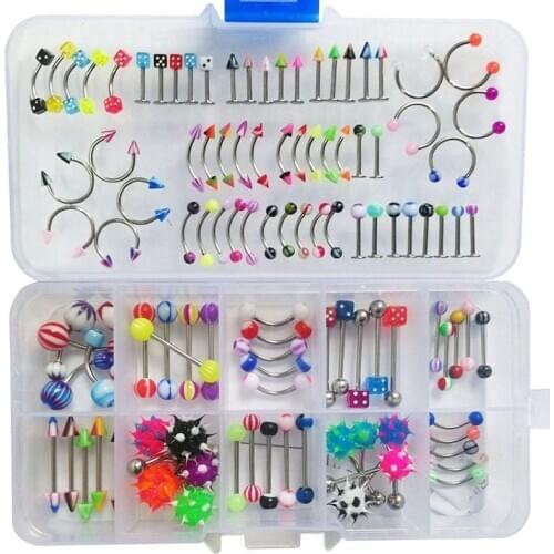 110 PCS Body Jewelry Piercing Eyebrow Navel Belly Tongue Lip Bar Ring 24 Styles