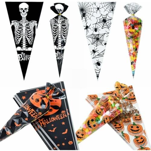 150pcs Halloween Cone Bags Pumpkin Skull Spider Plastic Candy Bag for Happy Halloween Party Favors Gift Treat Packaging Supplies
