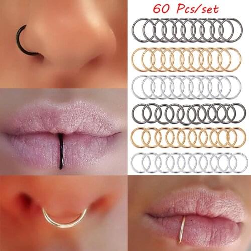 60 Pcs/set Circle Nose Stud Rings Ear Hoop Fake Piercing Punk Gold Silver Color Lip Studs Septum Ring Women Fashion Body Jewelry