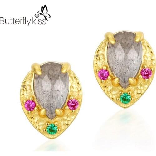 BK Vintage Natural Labradorite Women’s Earrings 100% 925 Sterling Silver Leaf Ear Stud 2021 Fine Jewelry For Wedding Engagement