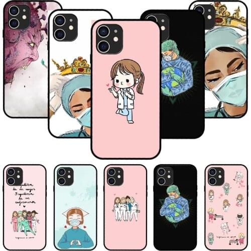 For iPhone 11 12 8 Plus Mini Pro X XR XS Max 4 5 7 6 6S 8 SE Phone Case Black Cover Coque Cartoon Medicine Doctor Nurse
