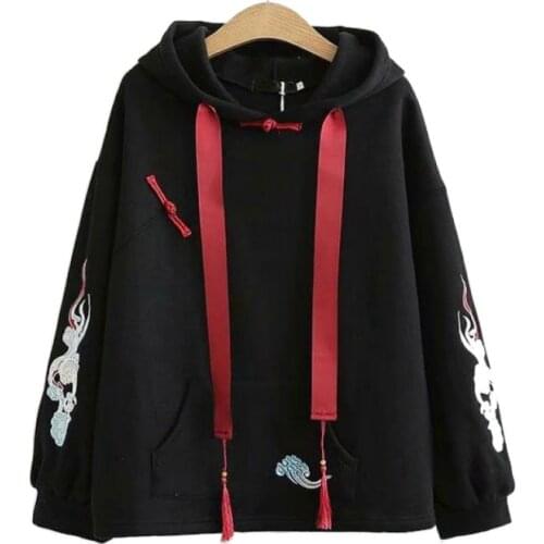 Fleece Hooded Sweatshirt Harajuku Chinese Embroidery Oversize Pullover Hoodies Women 2020 Winter Long Sleeve Sweet Female Top