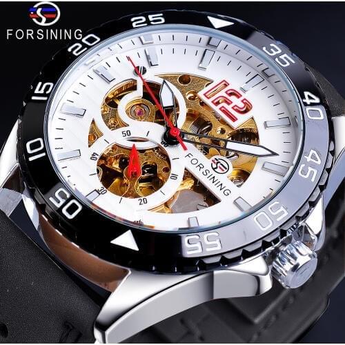 Forsining Automatic Watches Men Racing White Sport Hollow Skeleton Design Genuine Leather Belt Bracelet Watch Clock Manner Sehen