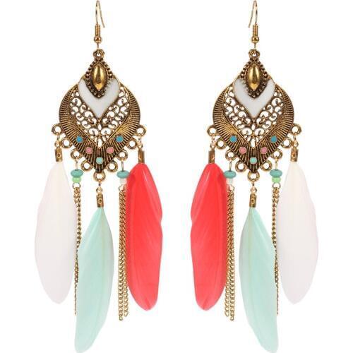HC Bohemia Feather Drop Long Statement Earrings for Women Vintage Tassel Earrings Statement Enamel Bead Ethnic Jewelry Earring F