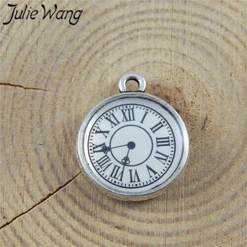 Julie Wang 10pcs Clock Charms Antique Silver Color Alloy Watches Necklace Pendants Earrings Findings Jewelry Making Accessory