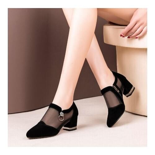 Summer Women High Heel Shoes Mesh Breathable Pumps Zip Pointed Toe Thick Heels Fashion Female Dress Shoes Elegant Footwear