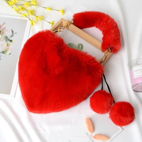 Cute Faux Fur Heart Shaped Shoulder Messenger Bag for Women Winter Plush Ladies Female Clutch Purse Love Crossbody Bags Handbags