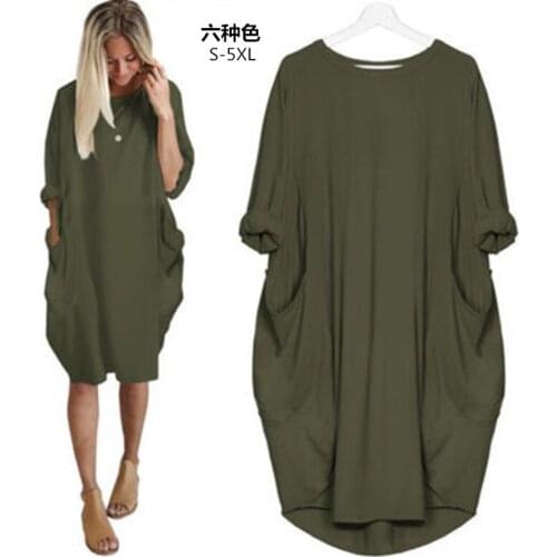 Fashion Women Autumn Dress Casual Round Collar Long Sleeve Loose Waist Dress Pockets Female Solid Color Midi Dress Plus Size 5XL