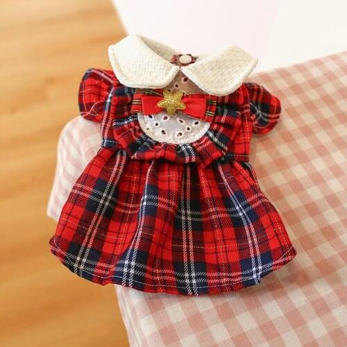 Dog Clothes Cat Clothes Autumn and Winter New Products Doll Collar Princess Red Grid Gold Star Christmas Dress Dog Dress