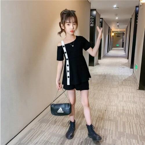 Teen Girls Clothing Sets 2 Pcs Casual Clothes For Girls One Off Shoulder + Shorts Summer Fashion Girls Clothes Sets 8 10 12 Year