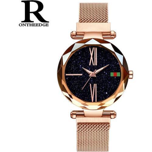 Ontheedge Lady Watch Rose Gold Milanese Loop Band Magnetic Buckle Stainless Steel Starry Sky Waterproof Dress Watch for Women