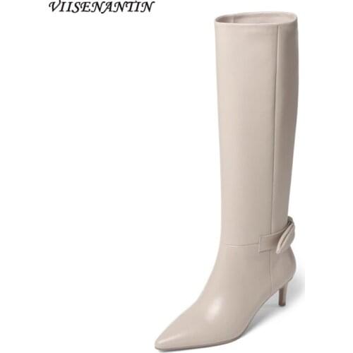 Pointed High-heeled Bowknot Knee-length Boots Womens Leather Solid Color Stiletto Sleeve Fashionable and Simple New Boots