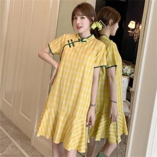 Summer Loose Cotton Qipao Yellow Green Plaid Fishtail Chinese Style Dress Women Elegant Robe Orientale Daily Sexy Cheongsam
