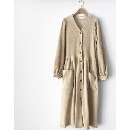 VSUE Beige Black V Neck Long Lantern Sleeve Midi Dress Mid Calf Sweet Autumn Pocket Loose Chic Velvet Button D2070