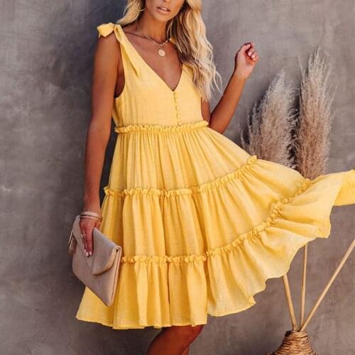 Foridol Ruffle A-line Casual Sleeveless Blue Summer Dress for Women Button Lace Up Strap Midi Dress Sundress Yellow Beach Dress