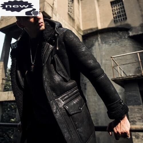 Luxury Men Natural Shearling Mid Long Coat Hoody Military Real Fur Wool Lining Overcoat Plus Size 6XL Genuine Leather Jacket