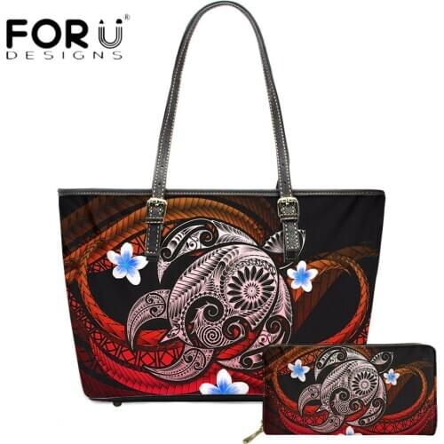 FORUDESIGNS New Arrival Women Large Shoulder Bag And Purse Polynesian Plumeria Turtle Printing Casual Luxury Leather Handbags