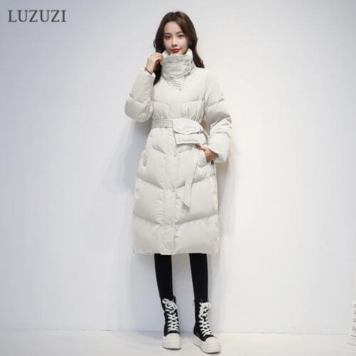 LUZUZI Womens Winter Jacket 2021 Thick Warm 90% Duck Down Coat Stand-up collar Korean Belt Pouch Puffer Jacket Slim Long Parkas