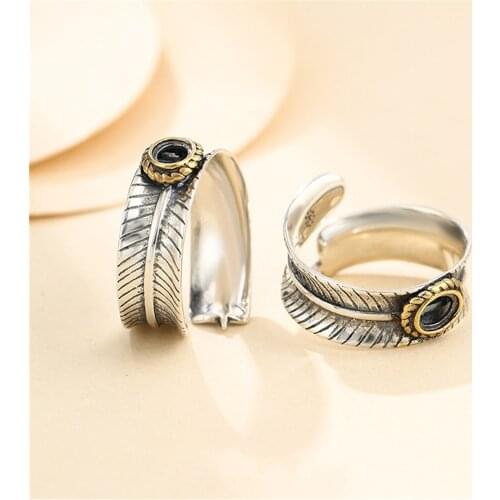 Ring Setting for 4.5x5.5mm Oval Cabochons Feather Shape Ring Blank Thai Sterling Silver Yellow Gold Plated Adjustable Ring Base