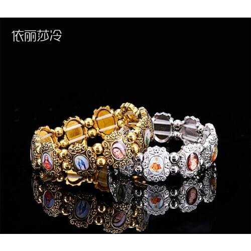 48 Pieces / Golden Jesus Cross Bracelet with the Image of the Virgin Mary of Jesus Holy for Women and Men Religious Jewelry