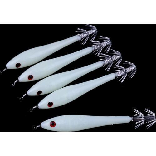50Pcs Luminous Squid Hook Umbrella Wood Shrimp Luminated Sea Fishing Fluorescent Squid Cuttlefish Sleeve Jig Fishing Lure