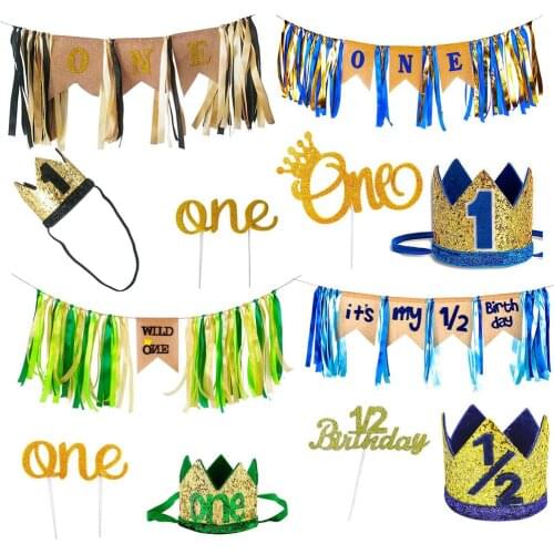 2/1Year First Happy Birthday Pink Blue Banner Decoration 1st Baby Boy Girl One Year Party Cake Topper Decor Baby Shower Supplies