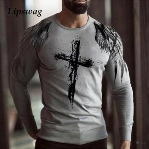 Fashion Cross Printed Long Sleeve T Shirts Men 2021 Spring Casual Slim O-Neck Pullover Tees Vintage Mens Clothing Streetwear 3XL