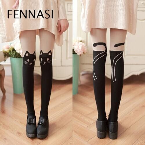 FENNASI Womens Tights Cute Cat Lolita Patchwork Black Pantyhose Warm Nylons Lady High Waist Print Tights Crotchless Pantyhose