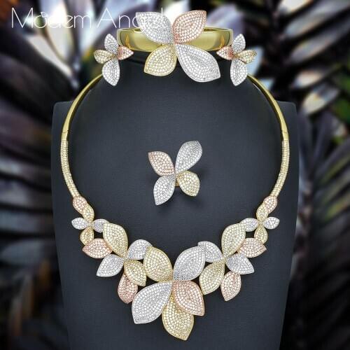 ModemAngel Luxury Leaf Flowers AAA Cubic Zirconia Jewelry Set Women Women High Quality Wedding Necklace Bangle Earring Ring