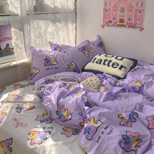 Little Bear Girl Heart Bed Four-Piece Set All Cotton Pure Cotton Quilt Cover Bed Sheet 1.5/1.8 M