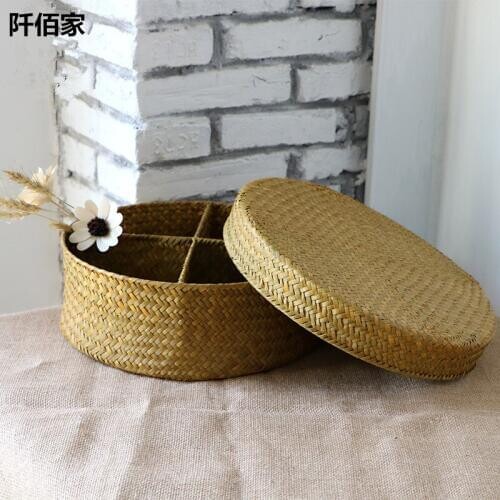 1Pcs Round 4 Grids Sea Grass Pure Handmade Woven Basket Rattan Box Desktop Storage Baskets Cosmetics Sundries Holder Home Decor