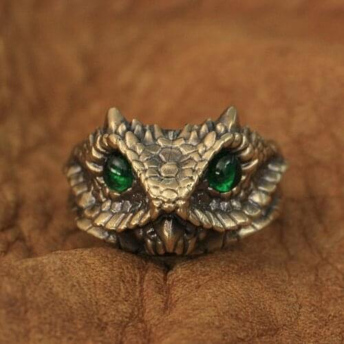 LINSION Green CZ Eyes Brass Adder Viper Snake Ring Mens Biker Punk Ring BR267 US Size 7~15
