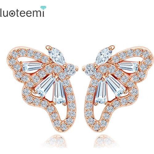LUOTEEMI Brand Sweety Jewelry High Quality White&Rose Gold-Color Butterfly Cubic Zircon Stud Earrings for Women Wedding Gift