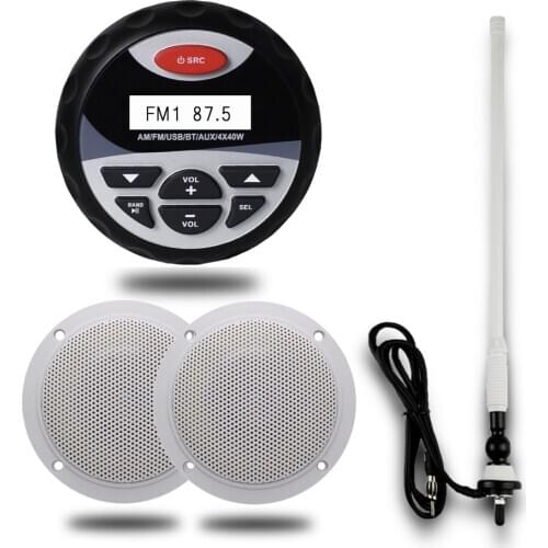 Marine Stereo Boat Audio Bluetooth Radio FM AM USB MP3 Player For Motorcycle Auto ATV UTV 4" Waterproof Speaker Radio Antenna