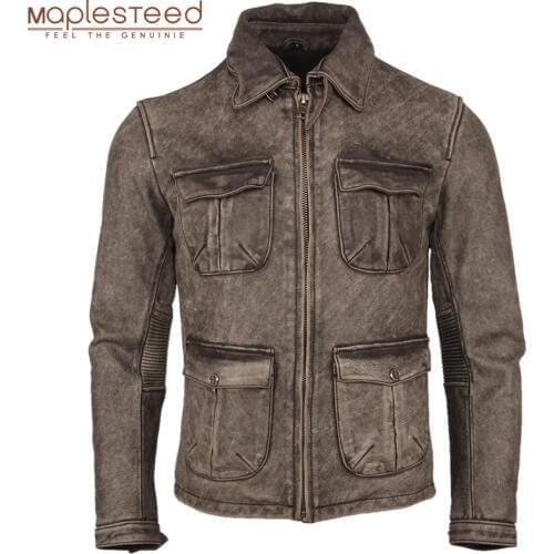 Vintage Distressed Motorcycle Leather Jacket Thick 100% Natural Cowhide Slim Moto Biker Leather Coat Men Winter Clothing M217