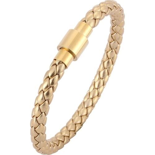 New Gold Color Braided Leather Bracelet Men Women Gold Color Magnetic Clasp Male Bracelets Bangles Jewelry BB0526J