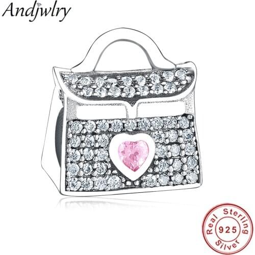 Fit Original Pandora Charms Bracelet Authentic 925 Silver European Handbag Pave Pink CZ Beads for Making Berloque DIY Jewelry