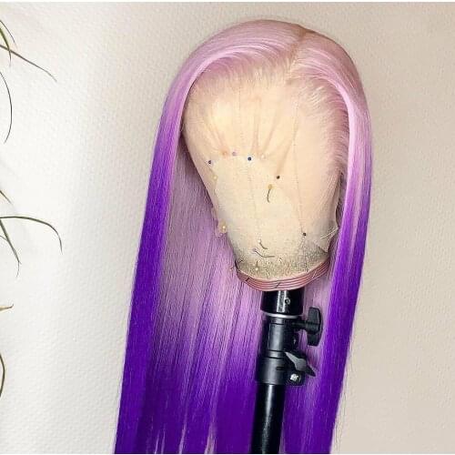 Omber Purple Long Straight Colorful Human Remy Hair Lace Frontal Wig With Baby Hair Glueless Lace Wigs Preplucked For Women